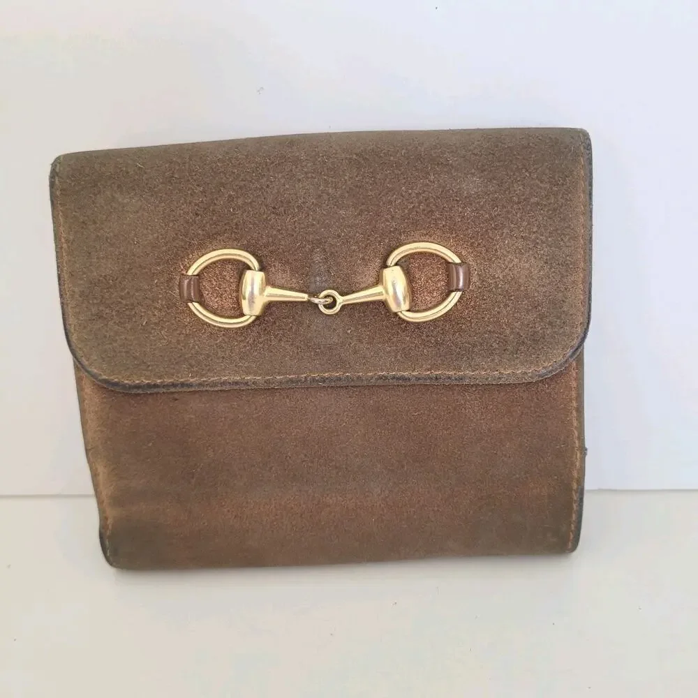 GUCCI Horsebit Suede Leather Wallet Card Compact Bifold Brown Medium Box - Picture 2 of 15